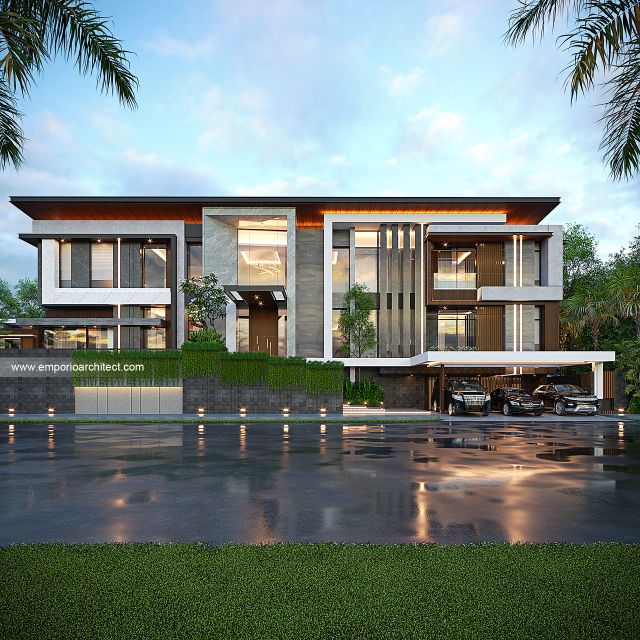 Desain Tampak Depan 3 Rumah Modern 3 Lantai Ibu VCT di Cibubur, Jakarta Timur