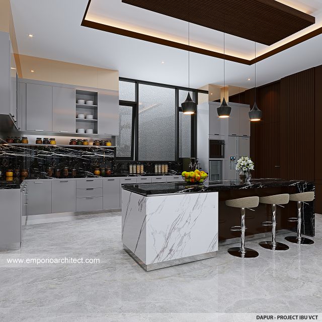 Desain Dapur Rumah Modern 3 Lantai Ibu VCT di Cibubur, Jakarta Timur