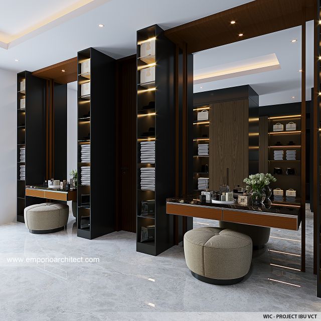 Desain Walk In Closet Rumah Modern 3 Lantai Ibu VCT di Cibubur, Jakarta Timur