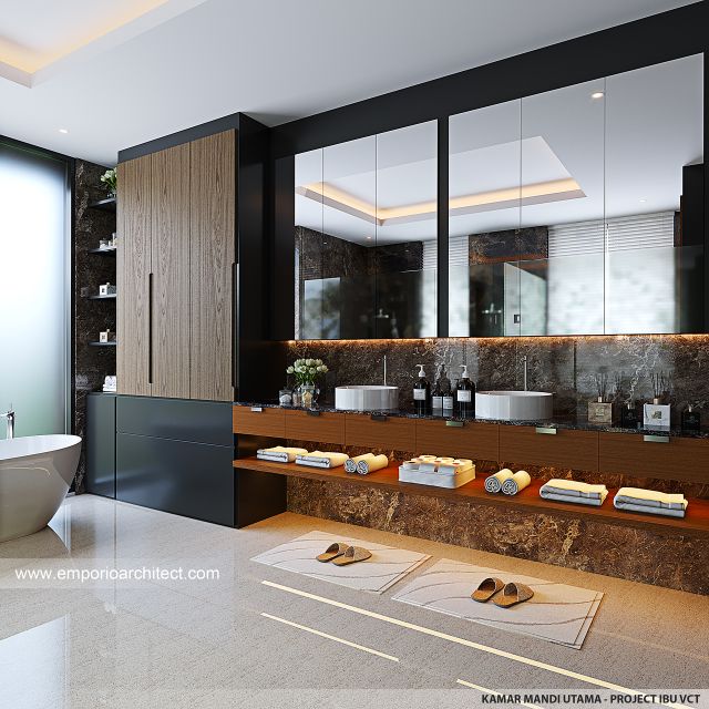 Desain Kamar Mandi Utama Rumah Modern 3 Lantai Ibu VCT di Cibubur, Jakarta Timur