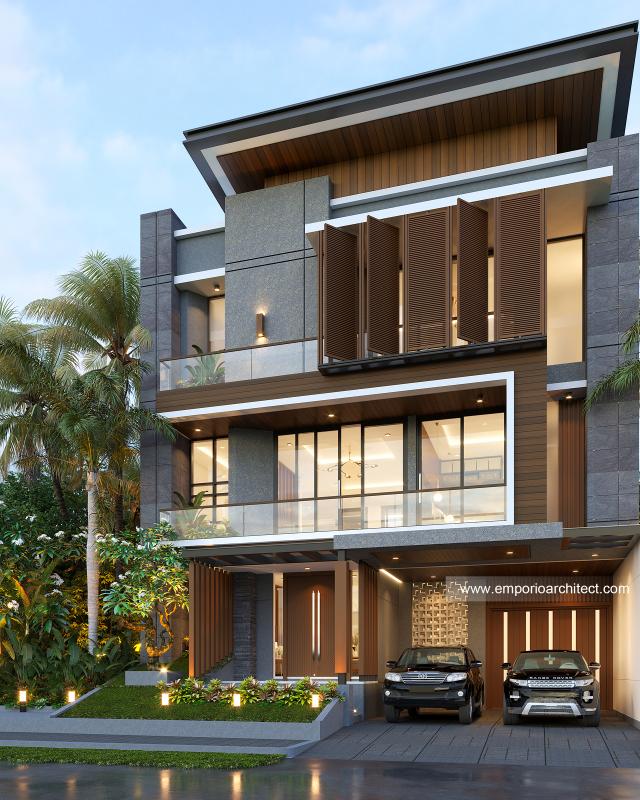 Desain Rumah Modern 3 Lantai Ibu Geya di Bintaro, Jakarta Selatan - Tampak Depan