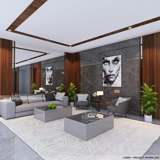 Desain Lobby Rumah Modern 3 Lantai Bapak JKO di Jakarta