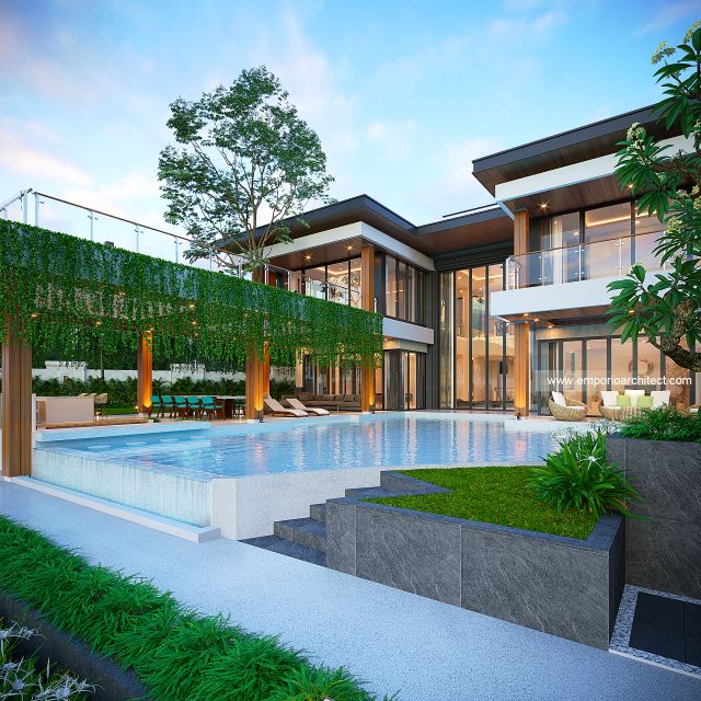 Desain Tampak Detail Belakang Rumah Modern 3 Lantai Ibu RGC (DR House) di Badung, Bali