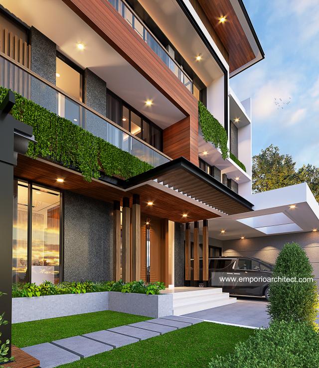 Desain Tampak Detail Depan Rumah Modern 3 Lantai Bapak Leo di Jakarta Utara