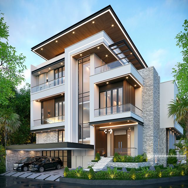 Desain Tampak Hook Rumah Modern 3 Lantai Bapak PNM di Alam Sutera, Tangerang