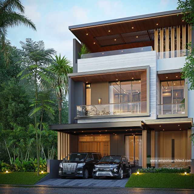 Desain Tampak Depan 2 Rumah Modern 3 Lantai Ibu GTS di Semarang