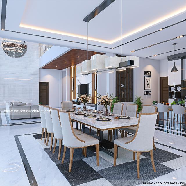 Desain Ruang Makan Rumah Modern 3 Lantai Bapak ED di Cibubur, Jakarta Timur