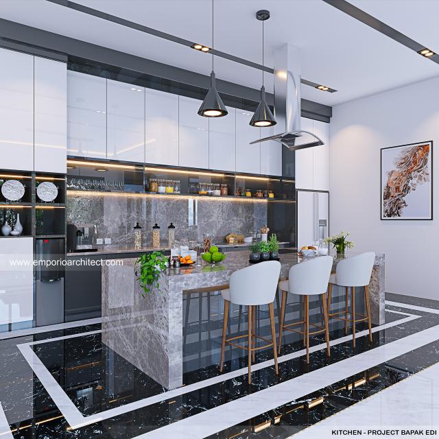 Desain Dapur Rumah Modern 3 Lantai Bapak ED di Cibubur, Jakarta Timur