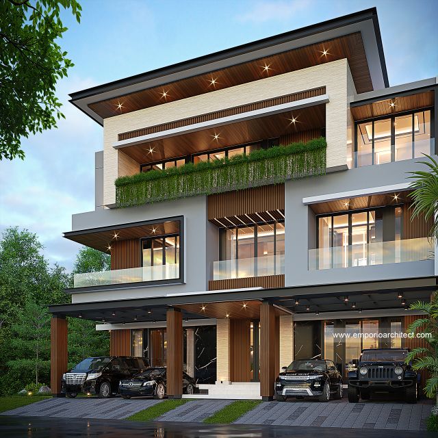 Desain Tampak Depan Rumah Modern 3 Lantai Bapak DVI di Cikarang, Bekasi