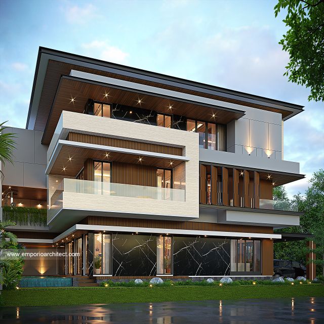 Desain Tampak Samping Rumah Modern 3 Lantai Bapak DVI di Cikarang, Bekasi