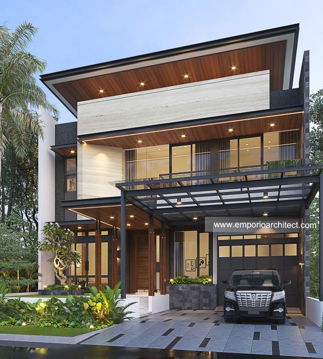 Desain Tampak Depan Kanan Rumah Modern 3 Lantai Bapak LSO di Serpong, Tangerang Selatan