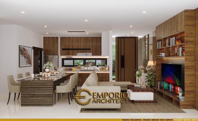 Desain Ruang Keluarga, Ruang Makan, dan Dapur Rumah Modern 3 Lantai Bapak Anton di Jakarta