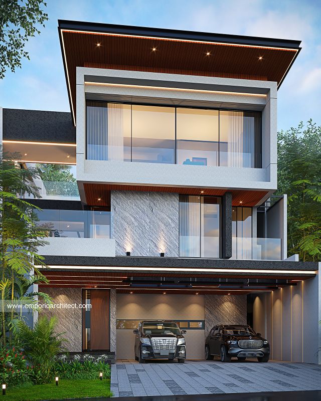 Desain Tampak Depan 2 Rumah Modern 3 Lantai Bapak ZMM di Serpong, Tangerang Selatan