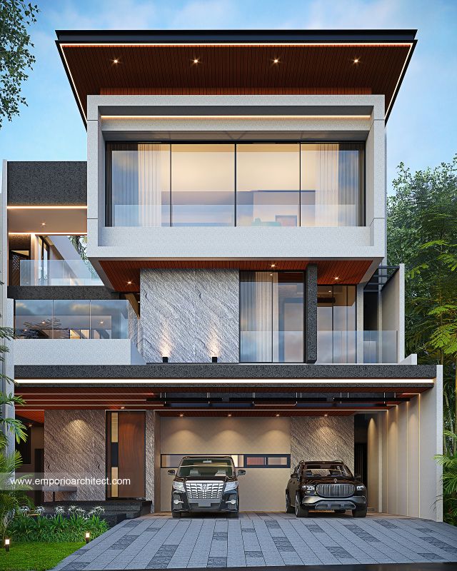 Desain Tampak Depan 4 Rumah Modern 3 Lantai Bapak ZMM di Serpong, Tangerang Selatan