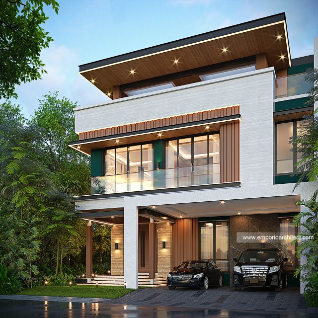 Desain Tampak Depan 2 Rumah Modern 3 Lantai Ibu SLI di BSD, Tangerang Selatan