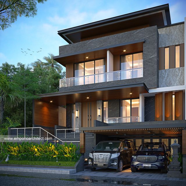 Desain Tampak Depan Rumah Modern 3 Lantai Ibu ALN di Bali