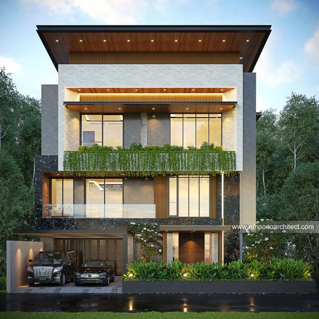 Desain Tampak Depan 2 Rumah Modern 3 Lantai Ibu RN di Jambi