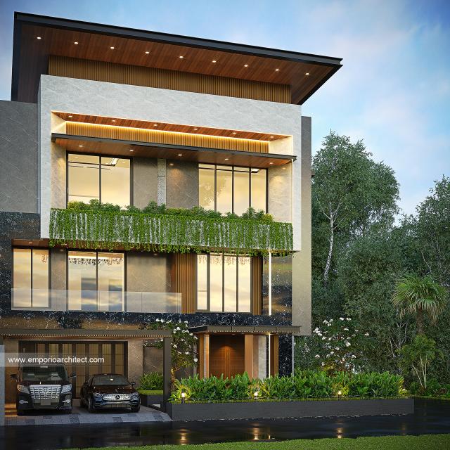 Desain Tampak Depan Rumah Modern 3 Lantai Ibu RN di Jambi