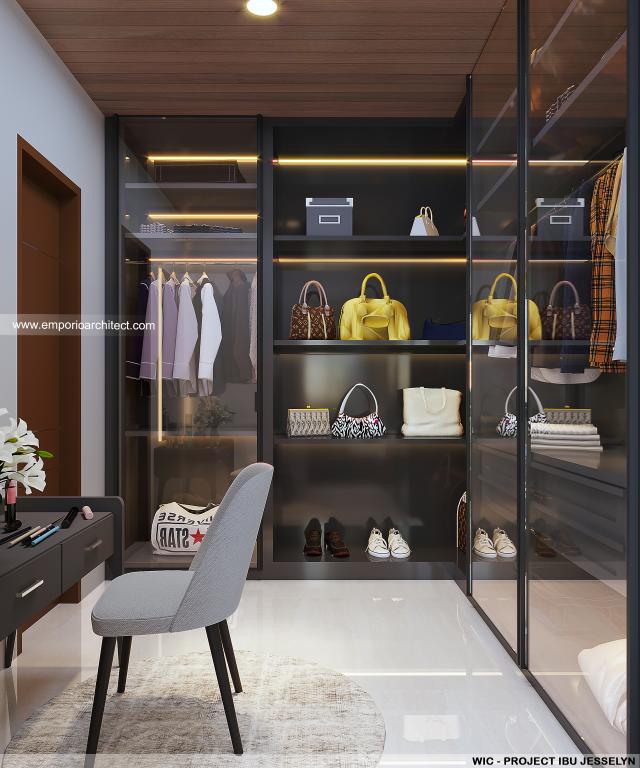 Desain Walk In Closet Rumah Modern 2.5 Lantai Ibu JSL di Purwokerto, Jawa Tengah