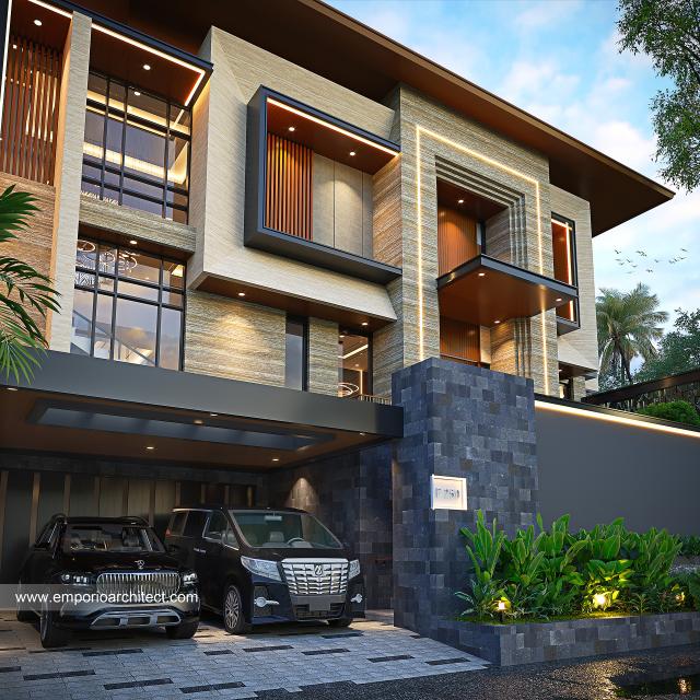 Desain Tampak Detail Depan Rumah Modern 3 Lantai Ibu AN di Jakarta