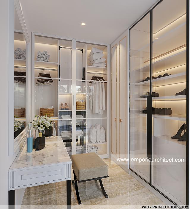 Desain Walk In Closet Rumah Modern 3 Lantai Ibu L di Tangerang Selatan, Banten