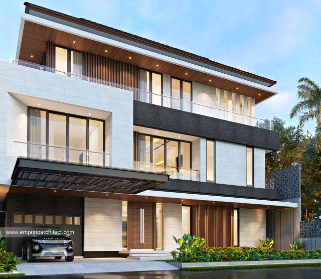 Desain Tampak Depan 2 Rumah Modern 3 Lantai Ibu FFG di Jakarta Barat