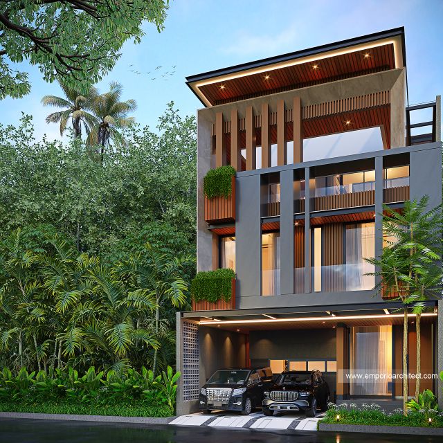 Desain Tampak Depan 2 Rumah Modern 3 Lantai Bapak JK di BSD, Tangerang Selatan