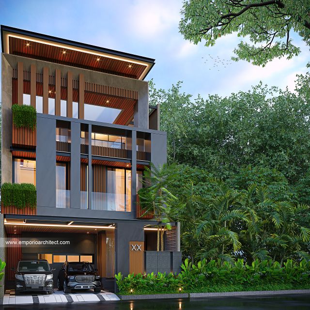 Desain Tampak Depan 4 Rumah Modern 3 Lantai Bapak JK di BSD, Tangerang Selatan