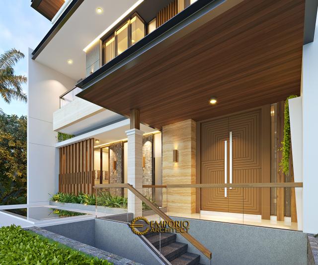 Desain Tampak Detail Depan Rumah Modern 3 Lantai Ibu Anya di Jakarta