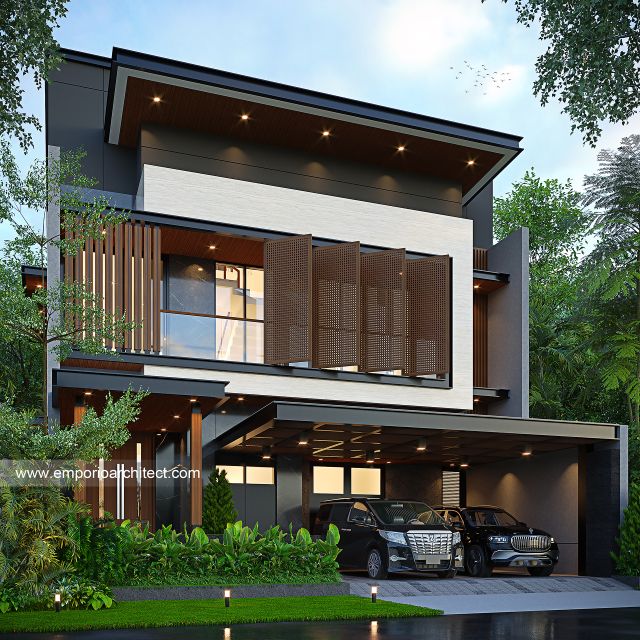 Desain Tampak Depan 2 Rumah Modern 3 Lantai Ibu ST (Prastria House) di Mojokerto