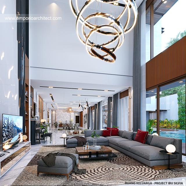 Desain Ruang Keluarga Rumah Modern 3 Lantai Ibu SLV di BSD, Tangerang Selatan