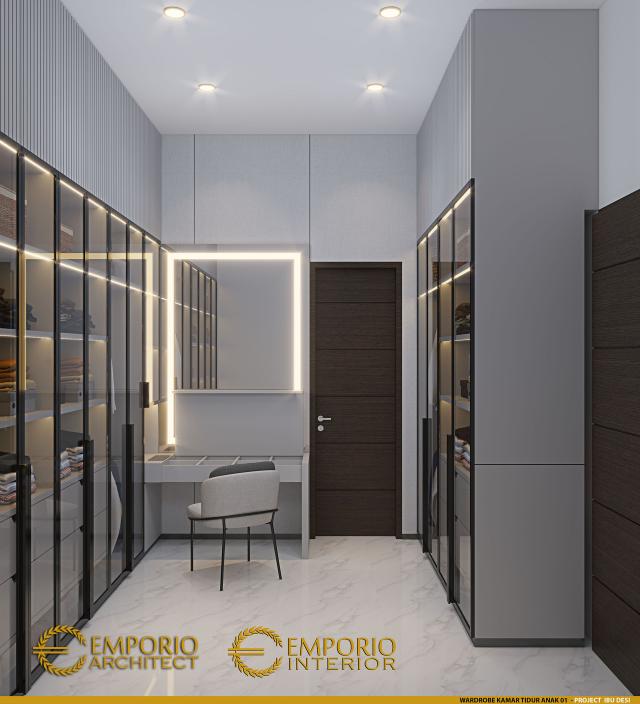 Desain Wardrobe Kamar Tidur Anak 1 Rumah Modern 3 Lantai Ibu Desi di Cibubur, Jawa Barat