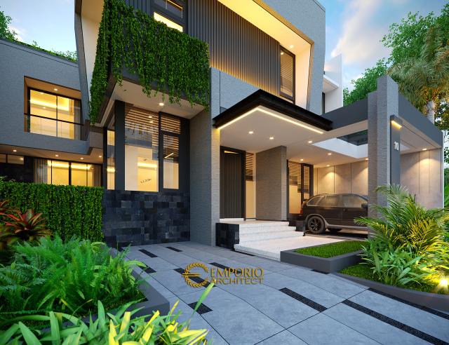 Desain Tampak Detail Depan Rumah Modern 3 Lantai Ibu Desi di Cibubur, Jawa Barat