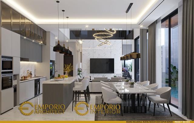 Desain Ruang Keluarga, Ruang Makan dan Dapur Bersih Rumah Modern 3 Lantai Ibu Desi di Cibubur, Jawa Barat