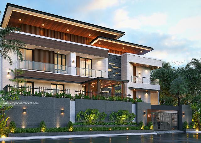 Desain Tampak Depan Dengan Pagar Rumah Modern 3 Lantai Ibu FLC II di Surabaya