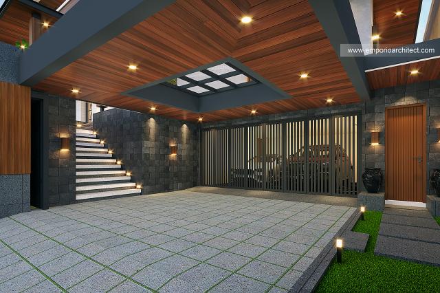 Desain Tampak Detail Depan Rumah Modern 3 Lantai Ibu FLC II di Surabaya