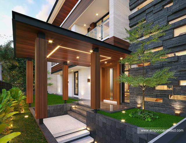 Desain Tampak Detail Depan 2 Rumah Modern 3 Lantai Ibu FLC II di Surabaya