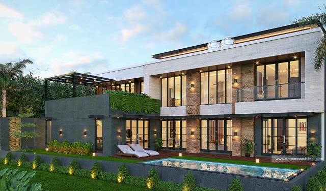 Desain Tampak Belakang Rumah Modern 3 Lantai Ibu FLC II di Surabaya