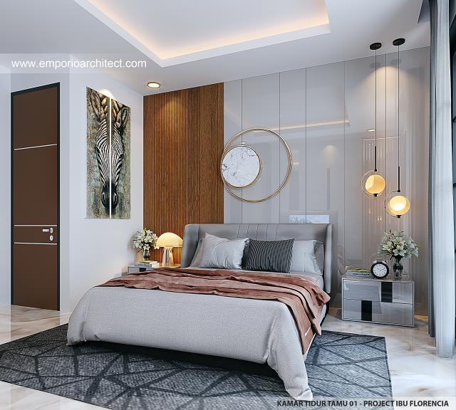 Desain Kamar Tidur Tamu 1 Rumah Modern 3 Lantai Ibu FLC II di Surabaya