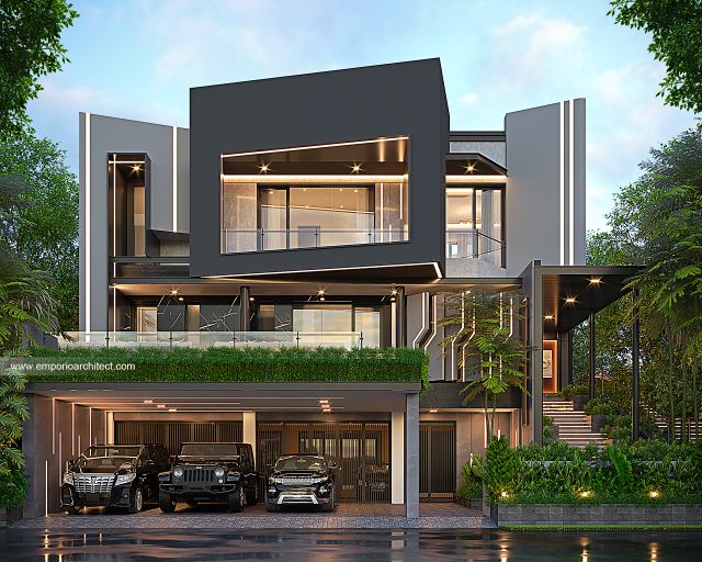 Desain Tampak Depan Rumah Modern 3 Lantai Ibu A II di BSD, Tangerang Selatan