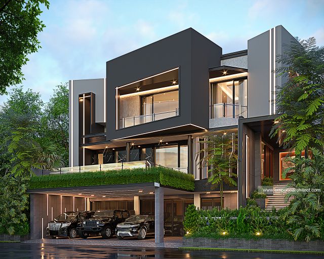 Desain Tampak Depan 2 Rumah Modern 3 Lantai Ibu A II di BSD, Tangerang Selatan