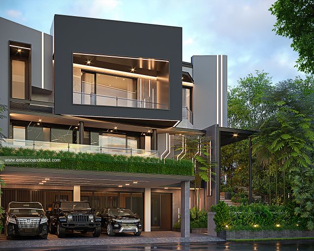 Desain Tampak Depan 3 Rumah Modern 3 Lantai Ibu A II di BSD, Tangerang Selatan