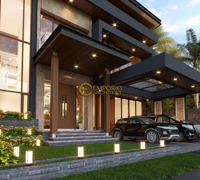 Desain Tampak Detail Depan Rumah Modern 3 Lantai Ibu Dyah di Bandung, Jawa Barat