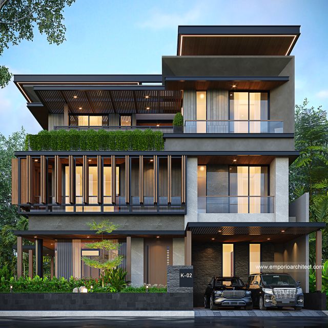 Desain Tampak Depan 2 Rumah Modern 3 Lantai Ibu FTR di Tangerang Selatan