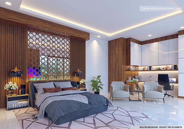 Desain Kamar Tidur Utama Rumah Modern 3 Lantai Ibu EBT di Jakarta