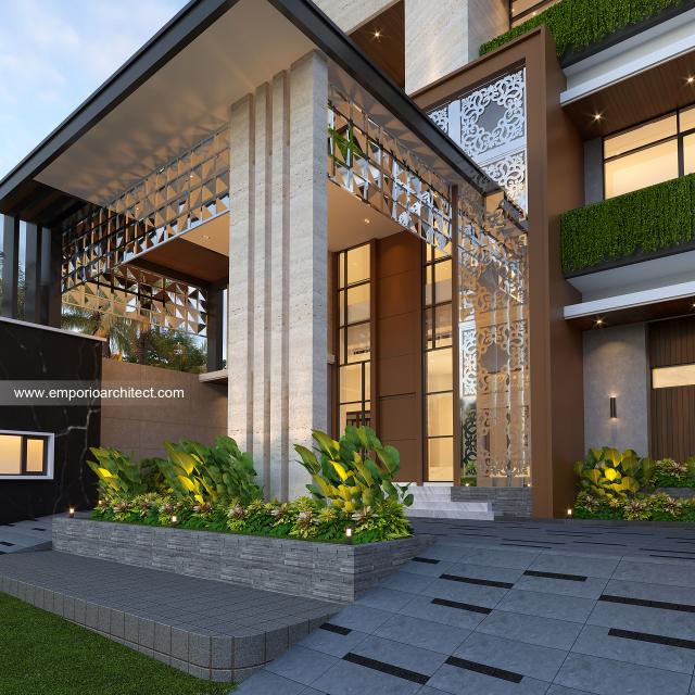 Desain Tampak Detail Depan Rumah Modern 3 Lantai Ibu Yuli di Kalimantan Timur