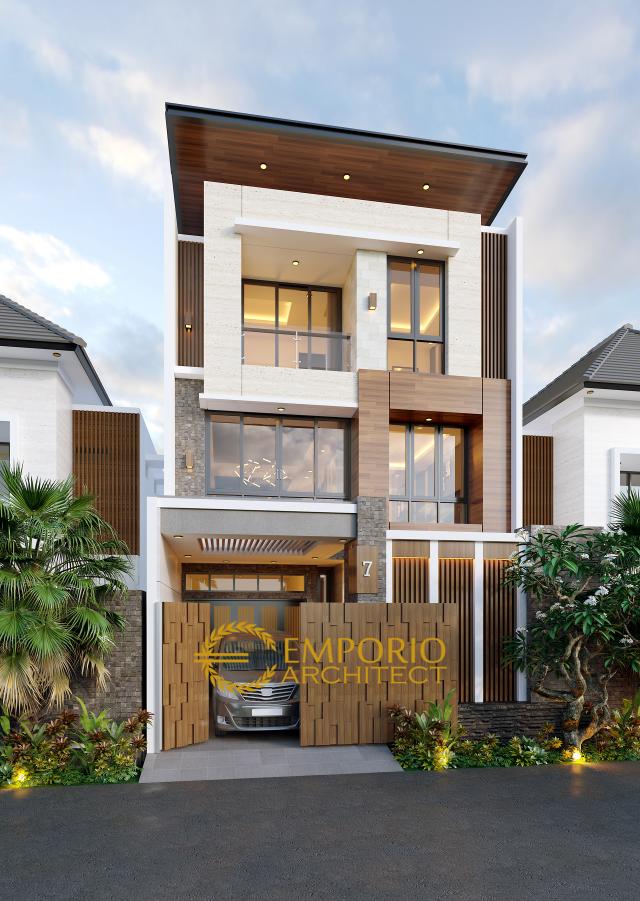 Desain Tampak Depan Dengan Pagar Rumah Modern 3 Lantai Ibu Iyus di Jakarta