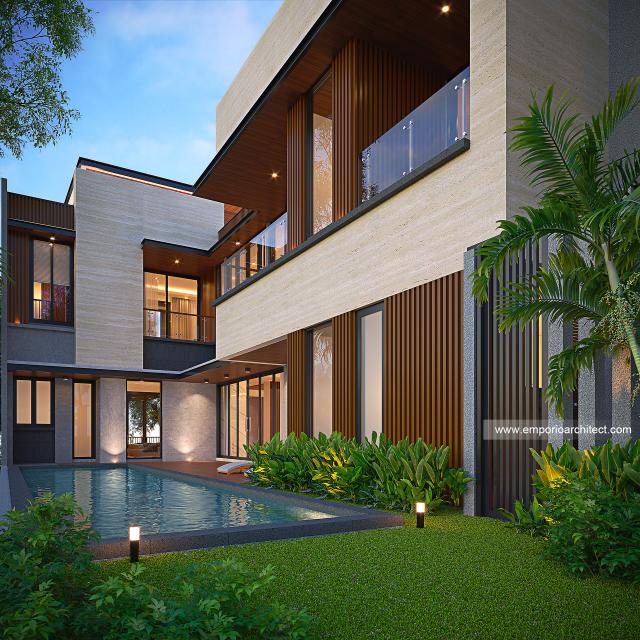 Desain Tampak Detail Belakang Rumah Modern 3.5 Lantai Bapak HYT di Tangerang Selatan