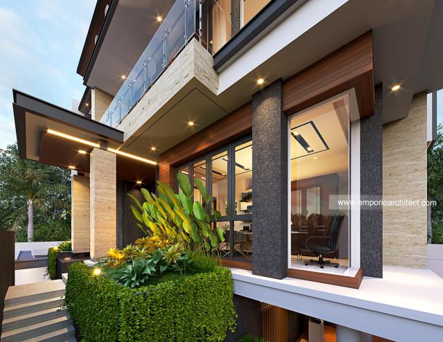 Desain Tampak Detail Depan 2 Rumah Modern 3.5 Lantai Bapak HSN di Jakarta Barat