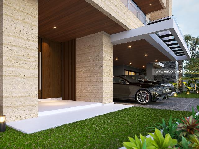 Desain Tampak Detail Depan Rumah Modern 3.5 Lantai Ibu Dini di Tangerang Selatan